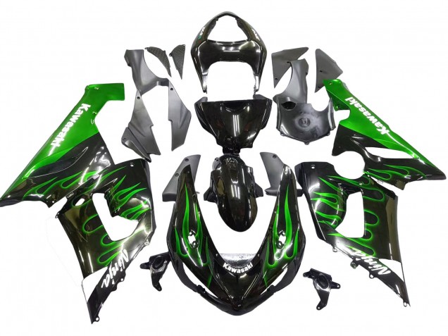 Mejores Carenado Moto Kawasaki ZX6R 2005-2006 - Negro Brillante Verde Llama