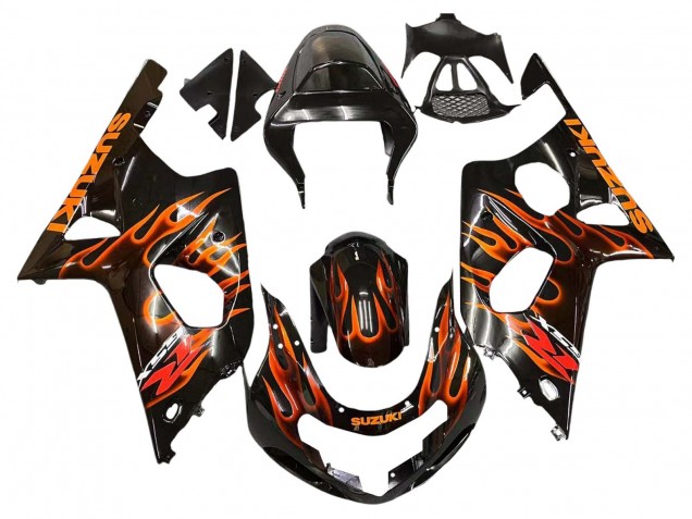 Mejores Carenados Moto Suzuki GSXR1000 2000-2002 - Negro Brillante Naranja Llama