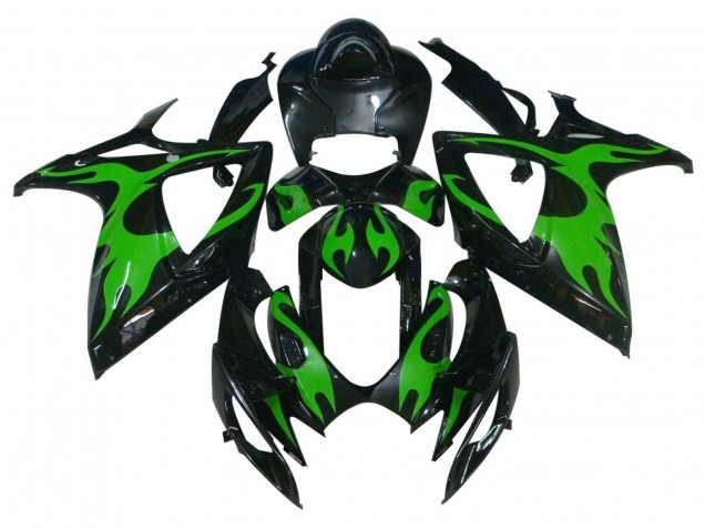 Mejores Carenados Moto Suzuki GSXR 600 / GSXR 750 2004-2005 - Negro Brillante Verde Llama