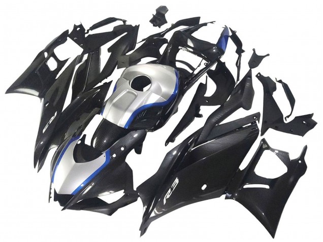 Mejores Carenados Moto Yamaha YZF R3/R25 2022-2024 - Negro FibraCarbono Estilo Plata Azul