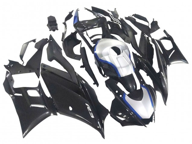 Mejores Carenados Moto Yamaha YZF R3/R25 2022-2024 - Negro FibraCarbono Estilo Plata Azul
