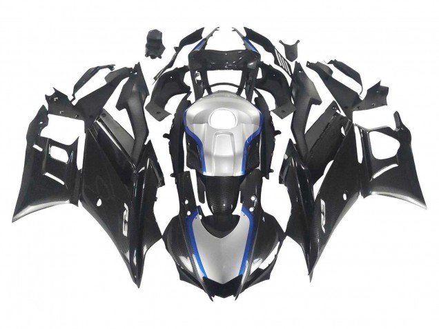 Mejores Carenados Moto Yamaha YZF R3/R25 2022-2024 - Negro FibraCarbono Estilo Plata Azul