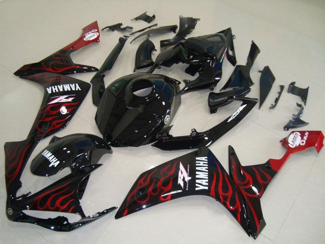 Mejores Carenados Moto Yamaha YZF R1 2007-2008 - Negro Brillante Rojo Llama