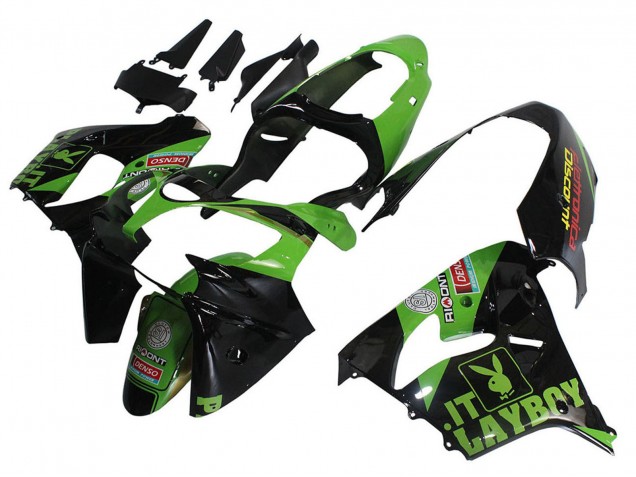 Mejores Carenados Moto Kawasaki ZX9R 2000-2001 - Verde Negro Playboy DENSO