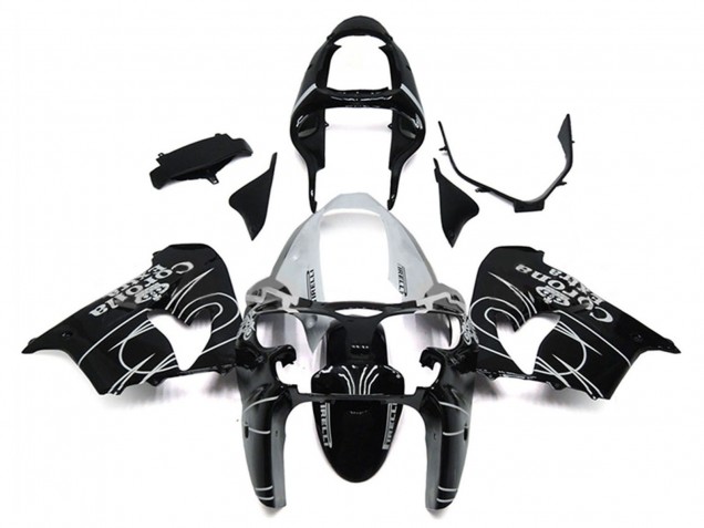 Mejores Carenados Moto Kawasaki ZX9R 2000-2001 - Negro Brillante Blanco Corona Extra