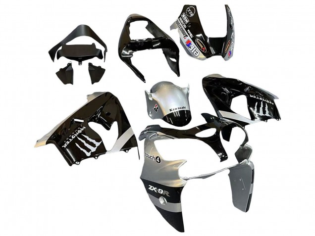 Mejores Carenados Moto Kawasaki ZX9R 2002-2003 - Plata Negro Brillante Monstruo Elf