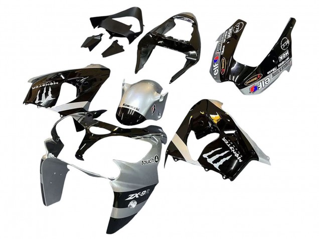 Mejores Carenados Moto Kawasaki ZX9R 2002-2003 - Plata Negro Brillante Monstruo Elf
