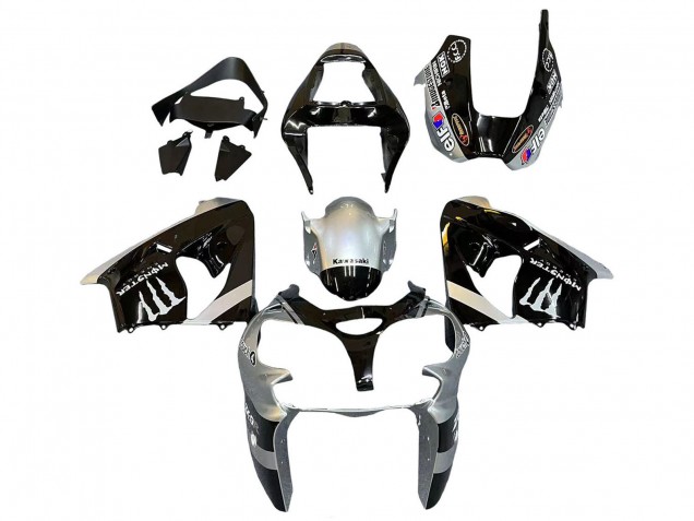 Mejores Carenados Moto Kawasaki ZX9R 2002-2003 - Plata Negro Brillante Monstruo Elf