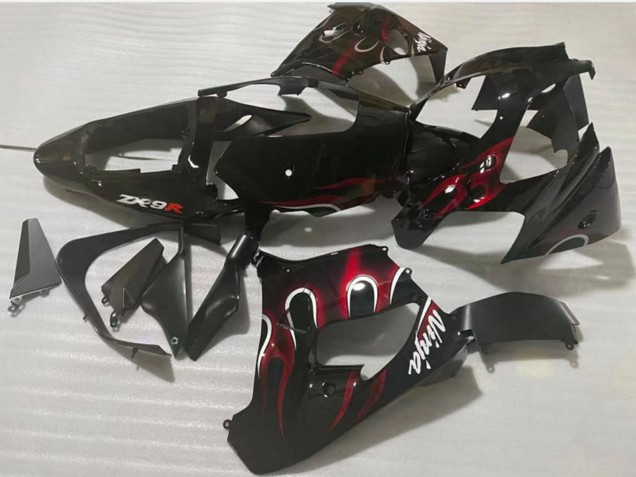 Mejores Carenado Moto Kawasaki ZX9R 2002-2003 - Negro Brillante Rojo Llama