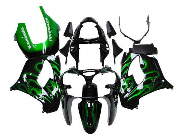Mejores Carenados Moto Kawasaki ZX9R 2000-2001 - Negro Brillante Verde Llama Blanco