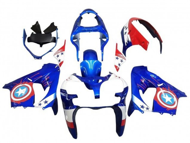 Mejores Carenados Moto Kawasaki ZX9R 2002-2003 - Azul Blanco Rojo Captain America Estrella