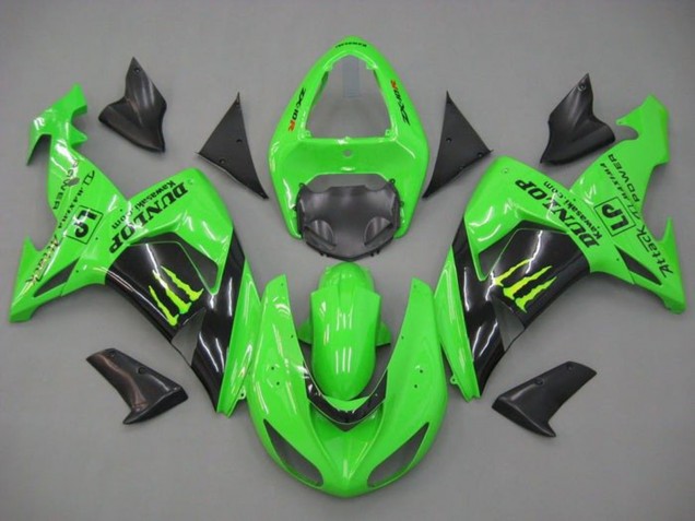 Mejores Carenados Moto Kawasaki ZX10R 2006-2007 - Verde Negro Brillante Monstruo Dunlop