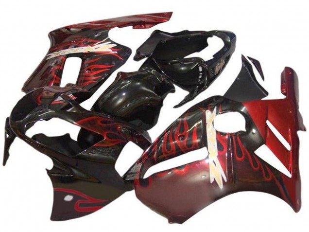 Mejores Carenados Moto Kawasaki ZX12R 2000-2001 - Negro Brillante Rojo Llama