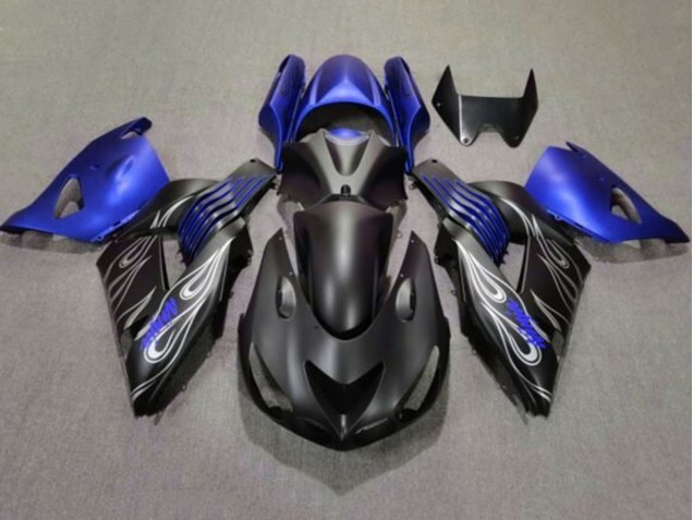 Mejores Carenados Moto Kawasaki ZX14R ZZR1400 2006-2011 - Negro Mate Azul Plata Llama