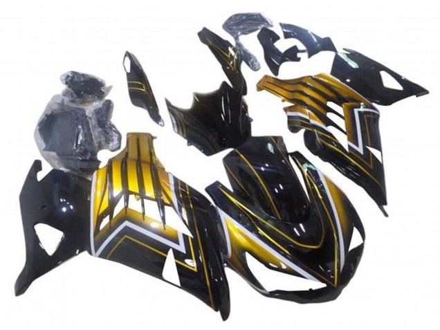 Mejores Carenados Moto Kawasaki ZX14R ZZR1400 2012-2024 - Negro Brillante Oro Raya