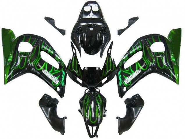 Mejores Carenados Moto Yamaha YZF 600 R6 1998-2002 - Negro Brillante Verde Llama