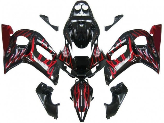 Mejores Carenados Moto Yamaha YZF 600 R6 1998-2002 - Negro Brillante Rojo Llama