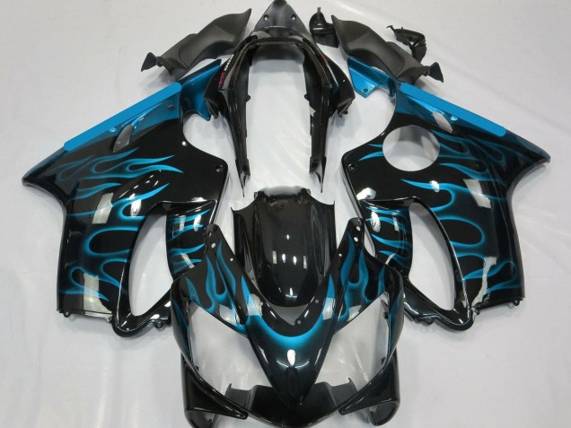 Mejores Carenados Moto Honda CBR600 F4i 2004-2007 - Negro Brillante Azul Claro Llama