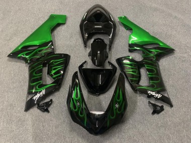 Mejores Carenados Moto Kawasaki ZX6R 2005-2006 - Negro Brillante Verde Llama