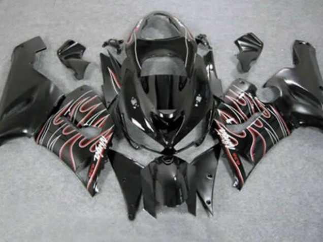 Mejores Carenados Moto Kawasaki ZX6R 2005-2006 - Negro Brillante Rojo Blanco Llama
