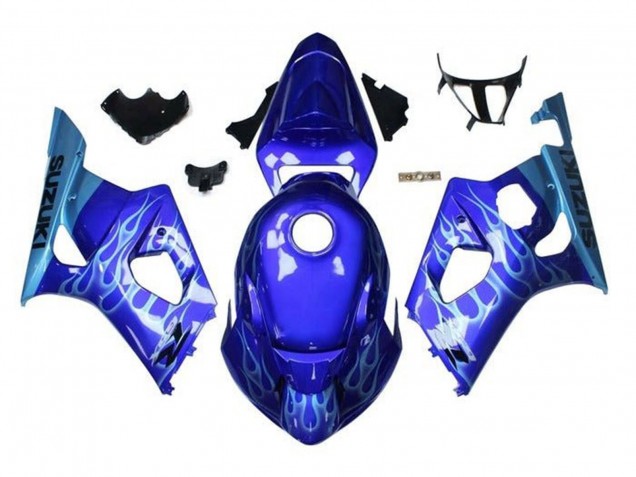 Mejores Carenados Moto Suzuki GSXR 1000 2003-2004 - Azul Azul Claro Blanco Llama