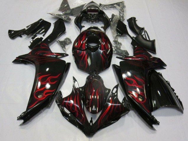 Mejores Carenados Moto Yamaha YZF 1000 R1 2007-2008 - Negro Brillante Rojo Llama