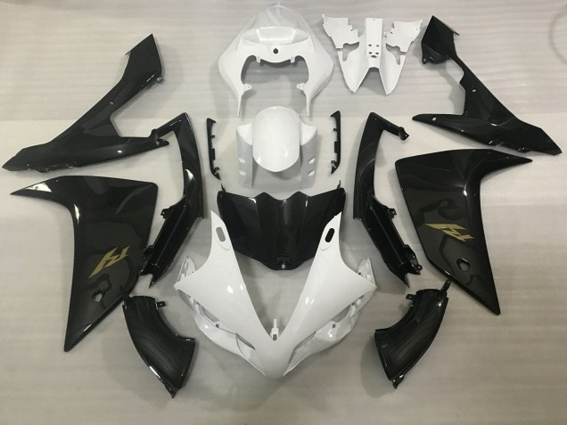 Mejores Carenados Moto Yamaha YZF 1000 R1 2007-2008 - Blanco Falso FibraCarbono Oro Calcomanía