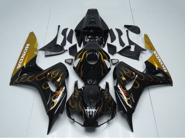 Mejores Carenado Moto Honda CBR1000RR 2006-2007 - Negro Brillante Oro Llama