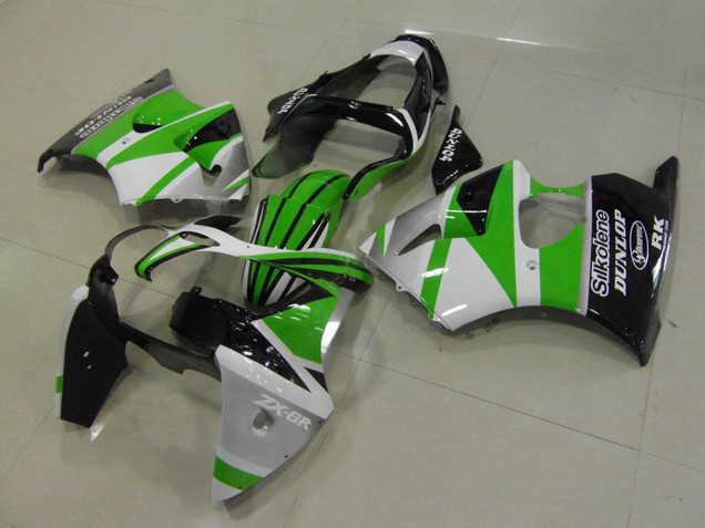 Mejores Carenados Moto Kawasaki ZX6R 2000-2002 - Blanco Verde Negro Brillante Raya Silkolene Dunlop