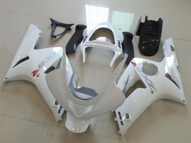 Mejores Carenados Moto Kawasaki ZX6R 2003-2004 - Blanco Plata Calcomanías