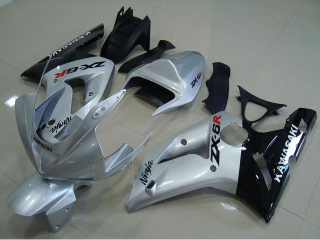 Mejores Carenados Moto Kawasaki ZX6R 2003-2004 - Plata Negro Brillante