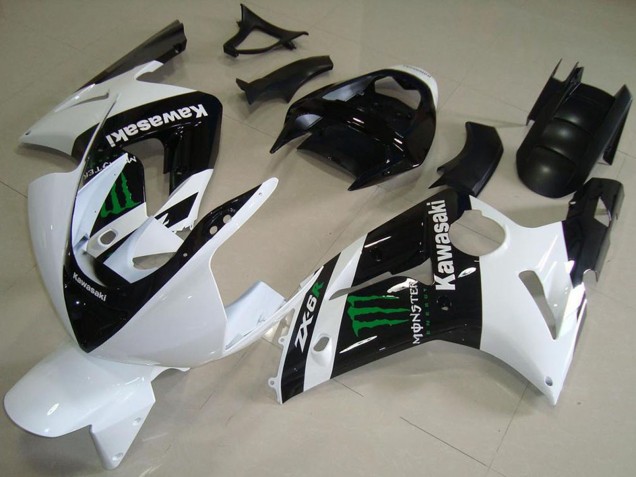 Mejores Carenados Moto Kawasaki ZX6R 2003-2004 - Blanco Negro Brillante Verde Monstruo