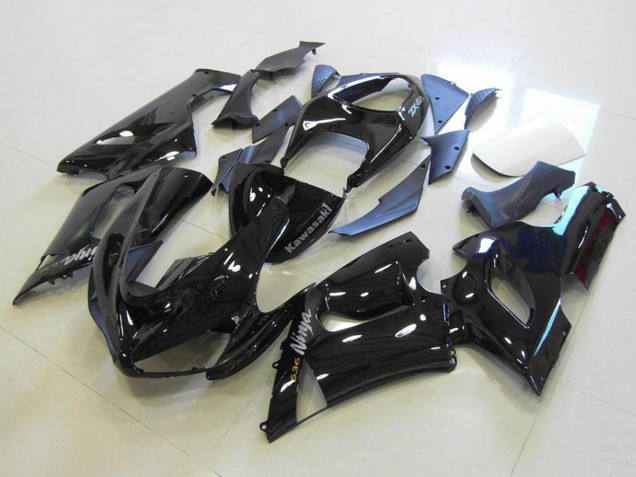 Mejores Carenados Moto Kawasaki ZX6R 2005-2006 - Negro Brillante Plata Calcomanías