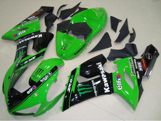 Mejores Carenados Moto Kawasaki ZX6R 2005-2006 - Verde Negro Brillante Elf Monstruo