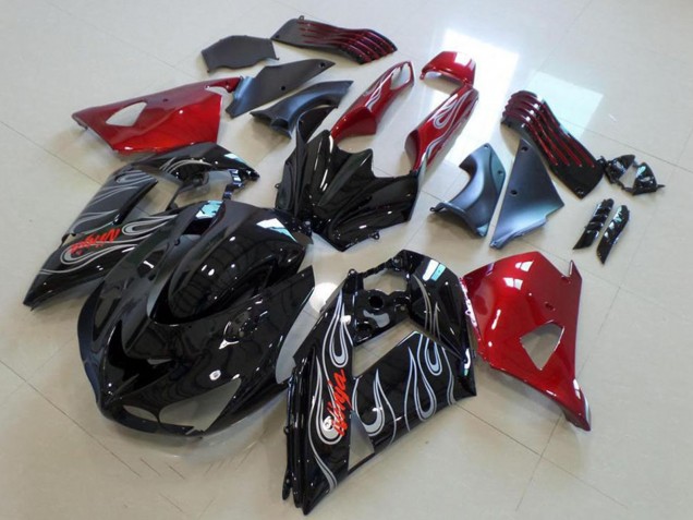 Mejores Carenados Moto Kawasaki ZX14R ZZR1400 2006-2011 - Rojo Negro Brillante Plata Llama