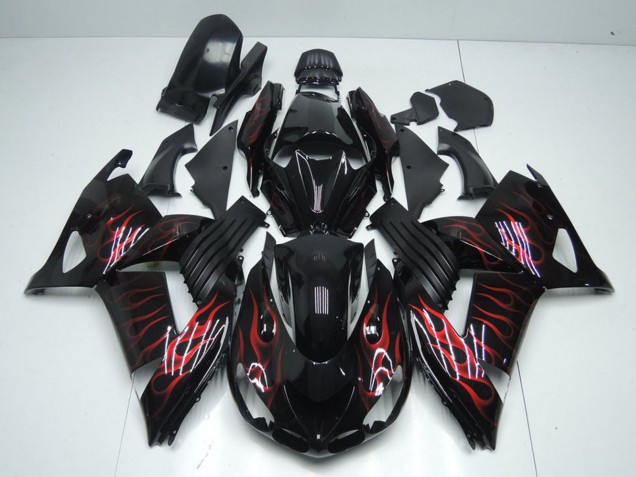 Mejores Carenados Moto Kawasaki ZX14R ZZR1400 2006-2011 - Negro Brillante Rojo Llama