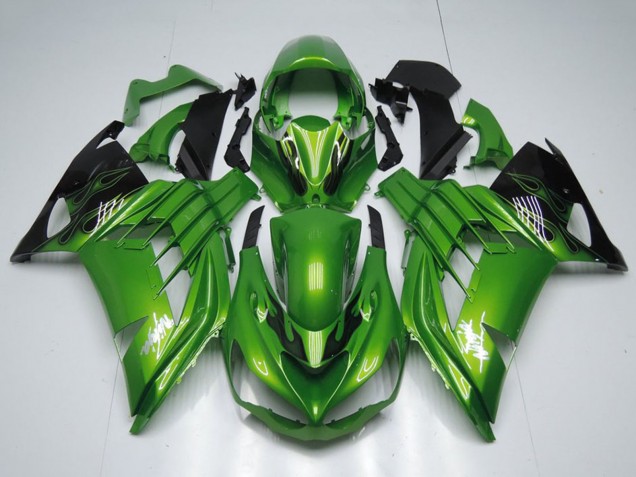 Mejores Carenados Moto Kawasaki ZX14R ZZR1400 2012-2024 - Verde Negro Brillante Llama Blanco Ninja
