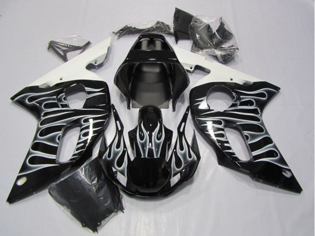 Mejores Carenados Moto Yamaha YZF R6 1998-2002 - Negro Brillante Blanco Llama