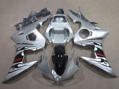 Mejores Carenados Moto Yamaha YZF R6 2003-2004 - Plata Negro Brillante Llama