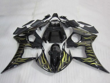 Mejores Carenados Moto Yamaha YZF R6 2003-2004 - Negro Brillante Oro Llama
