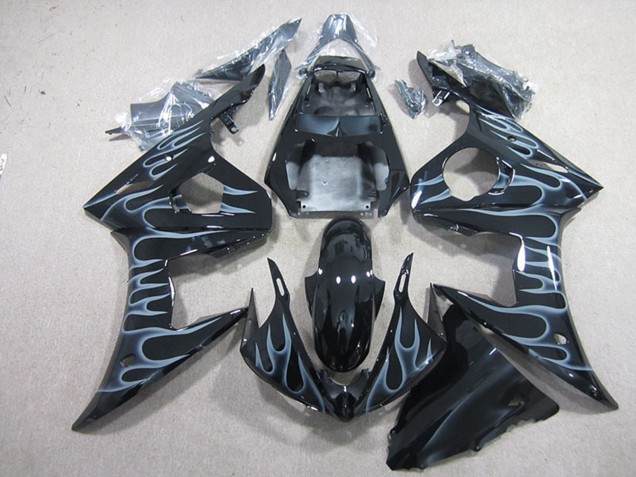 Mejores Carenados Moto Yamaha YZF R6 2003-2004 - Negro Brillante Plata Llama