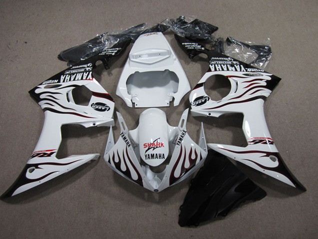 Mejores Carenados Moto Yamaha YZF R6 2003-2004 - Blanco Negro Brillante Llama Tiburón
