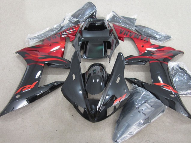 Mejores Carenados Moto Yamaha YZF R1 2002-2003 - Negro Brillante Rojo Llama
