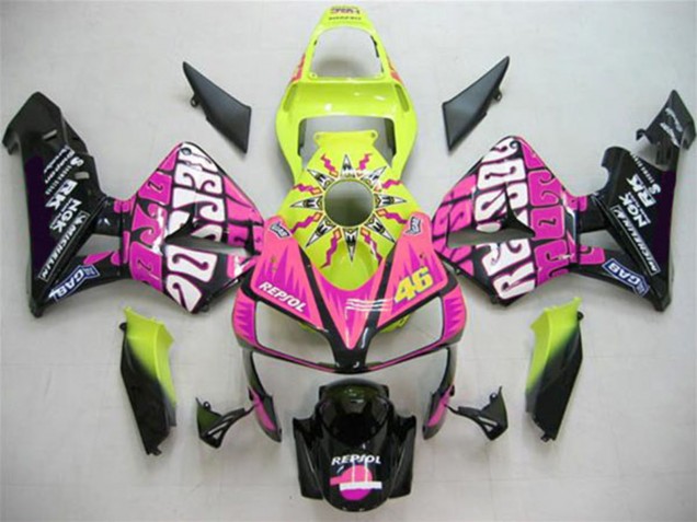 Mejores Carenados Moto Honda CBR600RR 2003-2004 - Amarillo Rosa Negro Brillante Valentino Rossi