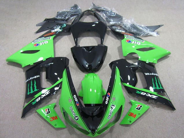 Mejores Carenados Moto Kawasaki ZX6R 2005-2006 - Negro Brillante Verde Elf Touch4 Bridgestone Monstruo