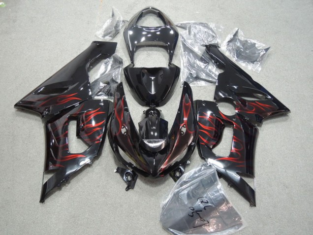 Mejores Carenados Moto Kawasaki ZX6R 2005-2006 - Negro Brillante Rojo Llama