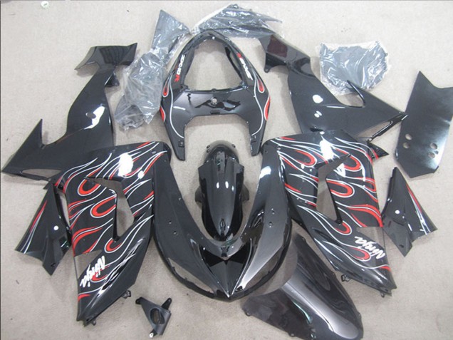 Mejores Carenados Moto Kawasaki ZX10R 2006-2007 - Negro Brillante Rojo Blanco Llama
