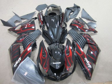 Mejores Carenado Moto Kawasaki ZX14R ZZR1400 2006-2011 - Negro Brillante Rojo Llama